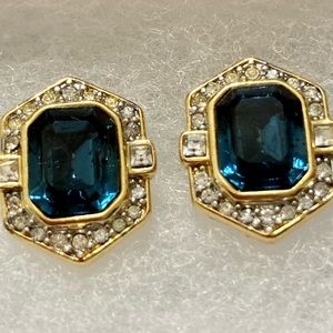 AUTHENTIC AFJ EARRINGS WITH SAPPHIRE BLUE AND RHINESTONES MOUNTED IN GOLD TONE
